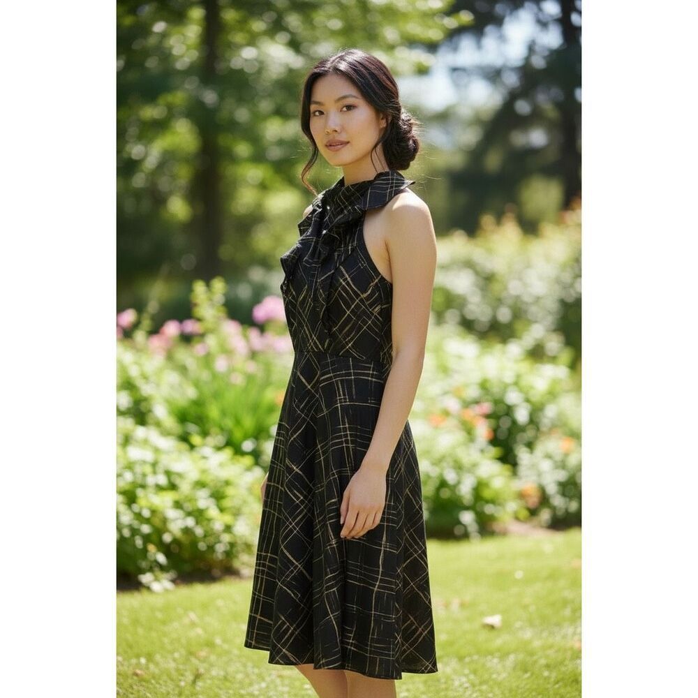 Lattori Wm’s Brown & Gold Fine Plaid Crepe Fit & Flare Cocktail Midi Dress Sz 6